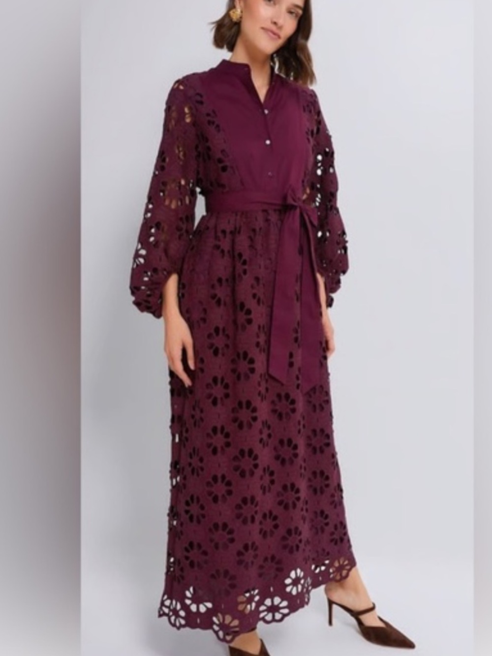Tuckernuck Plum Eyelet Maxi Dress with Self-Tie Waist